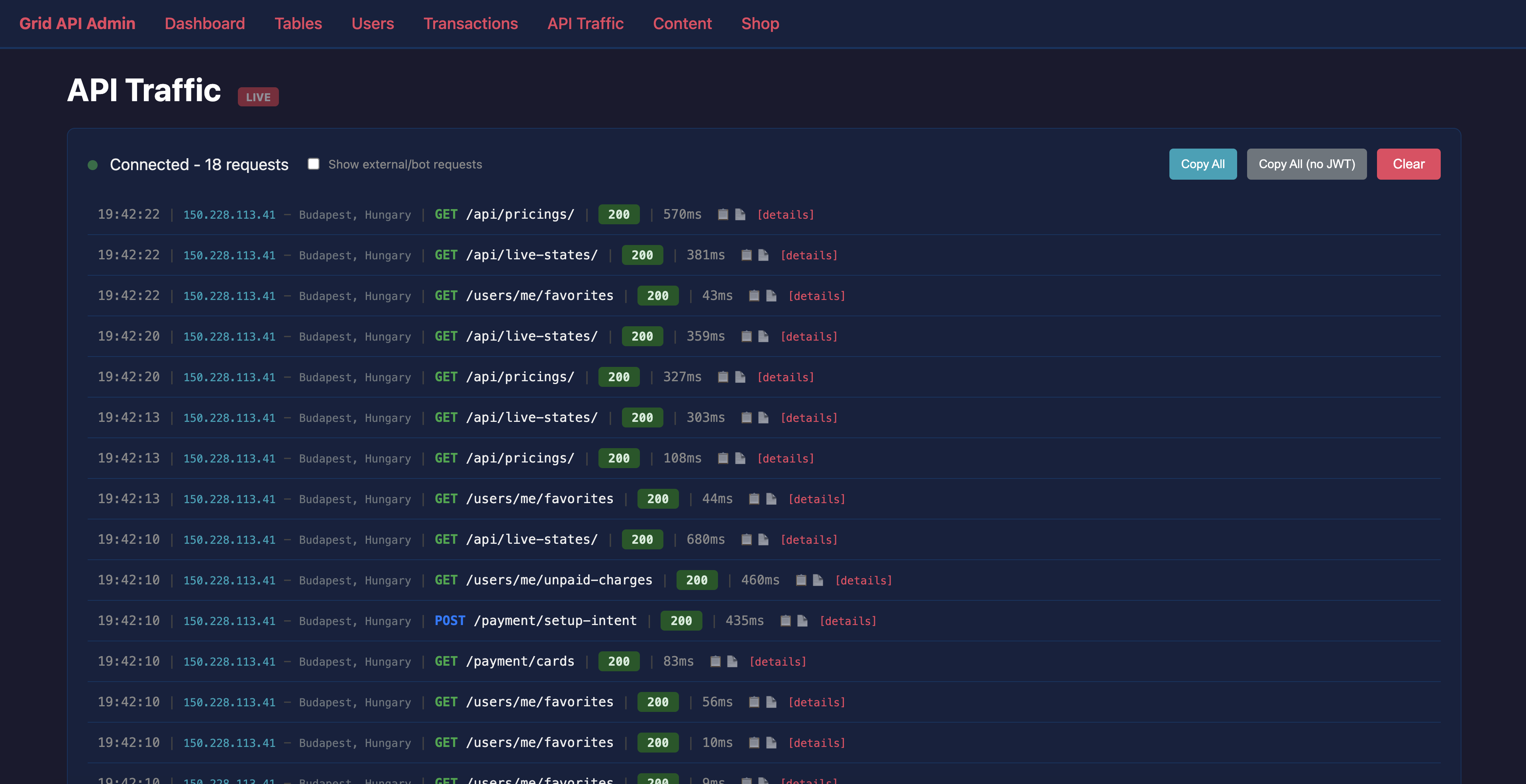 Admin — valós idejű API-forgalom monitor